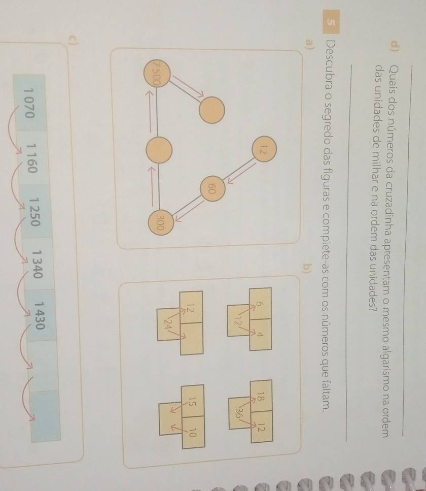 Quais dos números da cruzadinha apresentam o mesmo algarismo na ordem 
das unidades de milhar e na ordem das unidades? 
_ 
5 Descubra o segredo das figuras e complete-as com os números que faltam. 
a) 
b)
6 4 18 12
12
36
12
15 10
24
c)
1070 1160 1250 1340 1 430