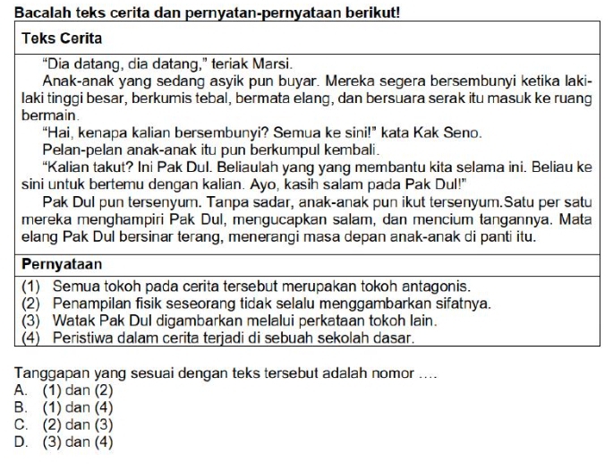 Bacalah teks cerita dan pernyatan-pernyataan berikut!
T
A. (1) dan (2)
B. (1) dan (4)
C. (2) dan (3)
D. (3) dan (4)