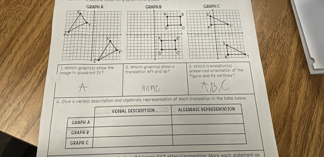 GRAPH B
1. Which graph(s) show the 2. Which graph(s) show a 3. Which translation(s)
image in quadrant IV? translation left and up? preserved orientation of the
figure and its vertices?
4. Give a verbal description and algebraic representation of each translation in the table below.
VERBAL DESCRIPTION ALGEBRAIC REPRESENTATION
GRAPH A
GRAPH B
GRAPH C
er   translation. M ar k each  statement as