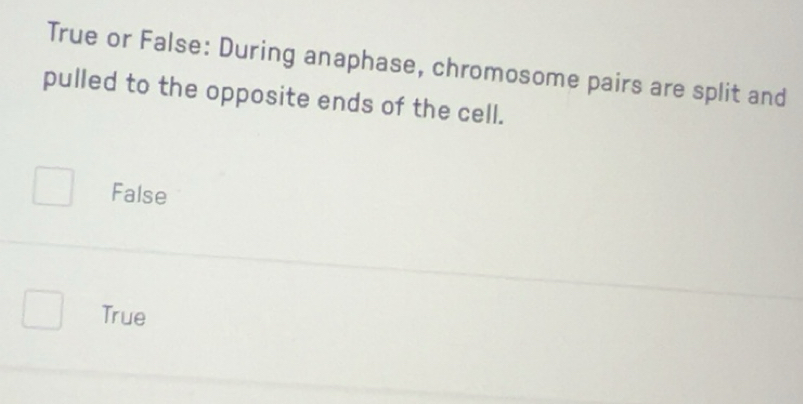 Solved: True or False: During anaphase, chromosome pairs are split and ...