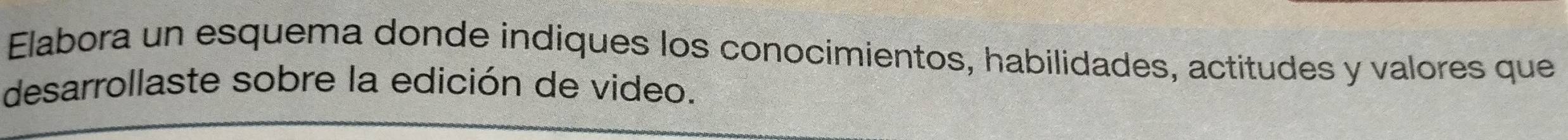 Elabora un esquema donde indiques los conocimientos, habilidades, actitudes y valores que 
desarrollaste sobre la edición de video.