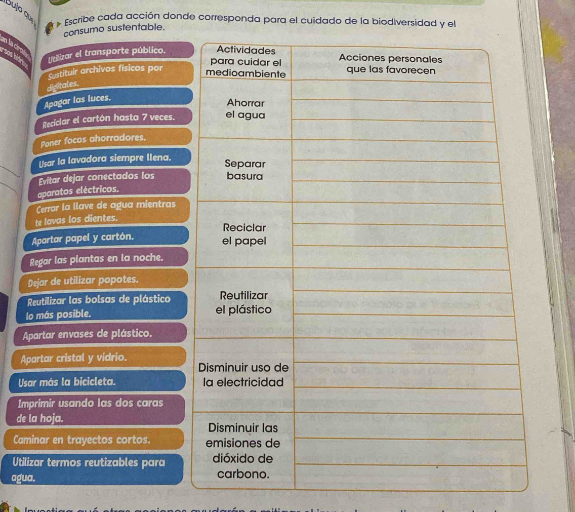 Bujo que Escribe cada acción donde corresponda para el cuidado de la biodiversidad y el 
consumo sustentab 
an la circu sos hidrio Utilizar el transporte públ 
Sustituir archivos fisicos p 
digitales. 
Apagar las luces. 
Reciclar el cartón hasta 7 
Poner focos ahorradores. 
Usar la lavadora siempre ll 
Evitar dejar conectados los 
aparatos eléctricos. 
Cerrar la llave de agua mie 
te lavas los dientes. 
Apartar papel y cartón. 
Regar las plantas en la noc 
Dejar de utilizar popotes. 
Reutilizar las bolsas de plás 
lo más posible. 
Apartar envases de plástico. 
Apartar cristal y vidrio. 
Usar más la bicicleta. 
Imprimir usando las dos car 
de la hoja. 
Caminar en trayectos cortos. 
Utilizar termos reutizables pa 
agua.