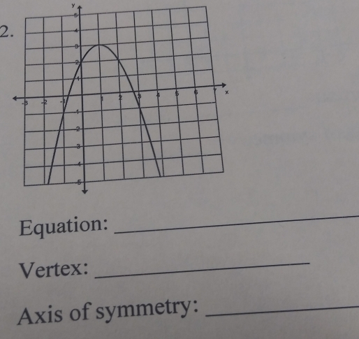 y
2. 
Equation: 
_ 
Vertex: 
_ 
Axis of symmetry:_