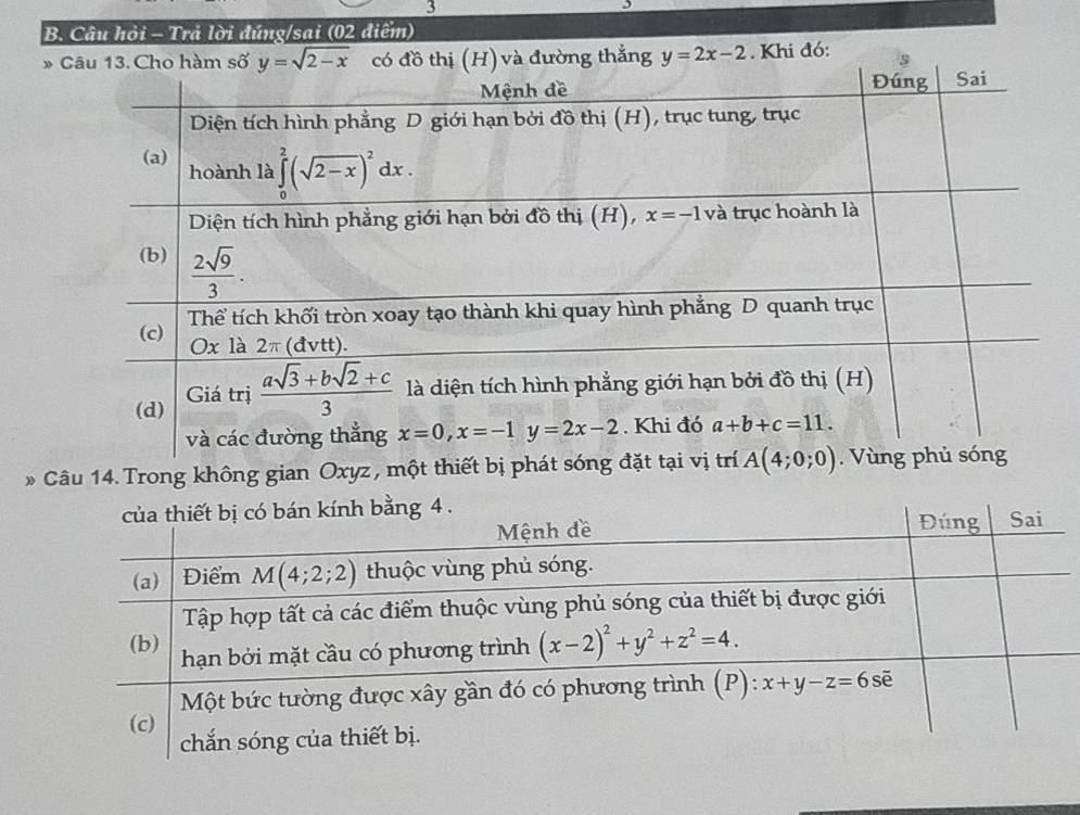 Câu hỏi - Trả lời đúng/sai (02 điểm)
* à đường thắng y=2x-2. Khi đó: 
Câu 14. Trong không gian Oxyz , một thiết bị phát