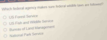 Which federal agency makes sure federal wildlife laws are followed?
US Forest Service
US Fish and Wildlife Service
Bureau of Land Management
National Park Service