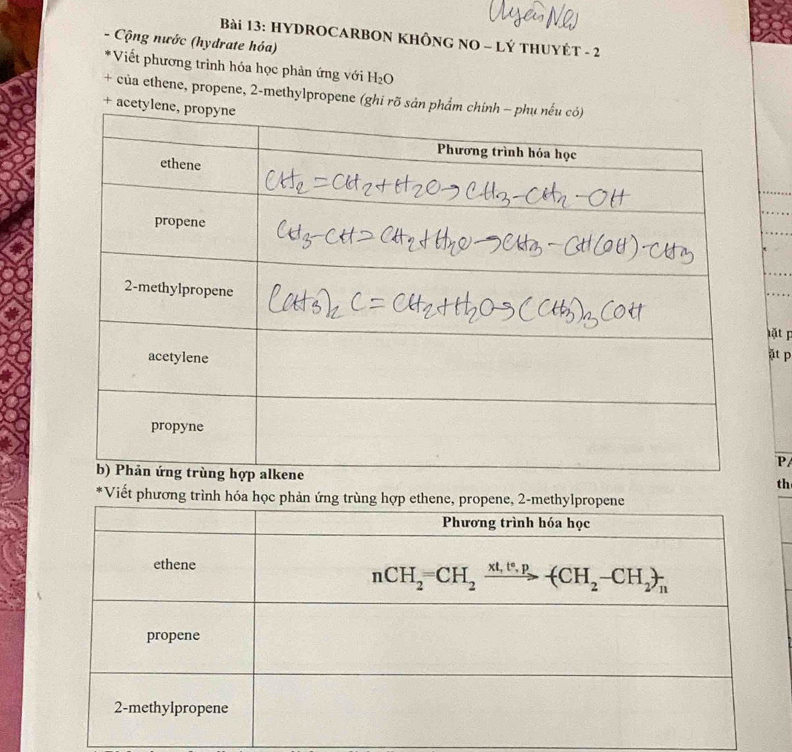 HYDROCARBON KHÔNG NO - LÝ THUYÉT - 2
- Cộng nước (hydrate hóa)
* Viết phương trình hóa học phản ứng với H_2O
+ của ethene, propene, 2-methylpropene (ghi rõ sả
+ ace
ặt p
t p
P
th
*Viết phương trình