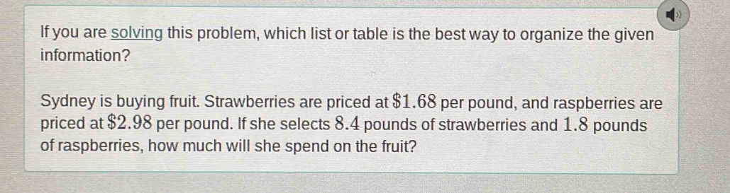 If you are solving this problem, which list or table is the best way to organize the given 
information? 
Sydney is buying fruit. Strawberries are priced at $1.68 per pound, and raspberries are 
priced at $2.98 per pound. If she selects 8.4 pounds of strawberries and 1.8 pounds
of raspberries, how much will she spend on the fruit?