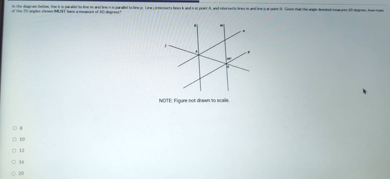 In the diagram below, line k is parallel to line m and line n is parallel to line p. Line jintersects lines k and n at point A, and intersects lines m and line p at point B. Given that the angle denoted measures 60 degrees, how many
of the 20 angles shown MUST have a measure of 60 degrees?
NOTE: Figure not drawn to scale.
8
10
12
16
20