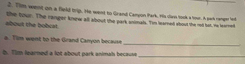 Tim went on a field trip. He went to Grand Canyon Park. His class took a tour. A park ranger led 
the tour. The ranger knew all about the park animals. Tim learned about the red bat. He learned 
about the bobcat. 
a. Tim went to the Grand Canyon because 
_ 
、 
b. Tim learned a lot about park animals because_