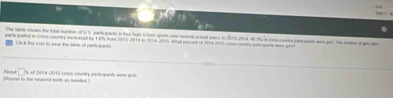 0.8 
. 
The table shows the total number of U.S. participants in four high sc hool sports over several school years. In 2013 -2014, 46.3% of cess-country participents were ars. Dhe sumbe of ge ate 
participated in cross-country increased by 1 6% from 2013 - 2014 to 2014 - 2015. What percent of 2014 - 2015 cross-country particpants were grts? 
[ ]] Click the icon to view the table of participents 
About □ % of 2014 -2015 cross country participants were girls 
(Round to the mearest tenth as meeded )