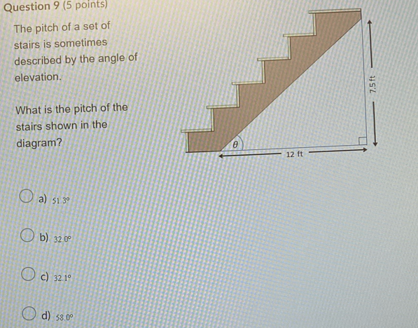 The pitch of a set of
stairs is sometimes
described by the angle of
elevation.
What is the pitch of the
stairs shown in the
diagram?
a) 51.3°
b) 32.0°
c) 32.1°
d) 58.0°