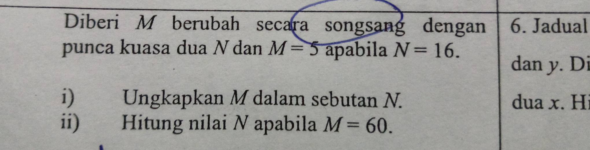 Diberi M berubah secara songsang dengan 6. Jadual 
punca kuasa dua N dan M=5 apabila N=16. 
dan y. Di 
i) Ungkapkan M dalam sebutan N. dua x. Hi 
ii) Hitung nilai N apabila M=60.