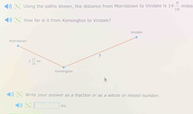 Using the paths shown, the distance from Morristown to Vindale is 14 9/16  miles
How far is it from Kensington to Vindale?
Write your answer as a fraction or as a whole or mixed number.
3sqrt(□ )mi