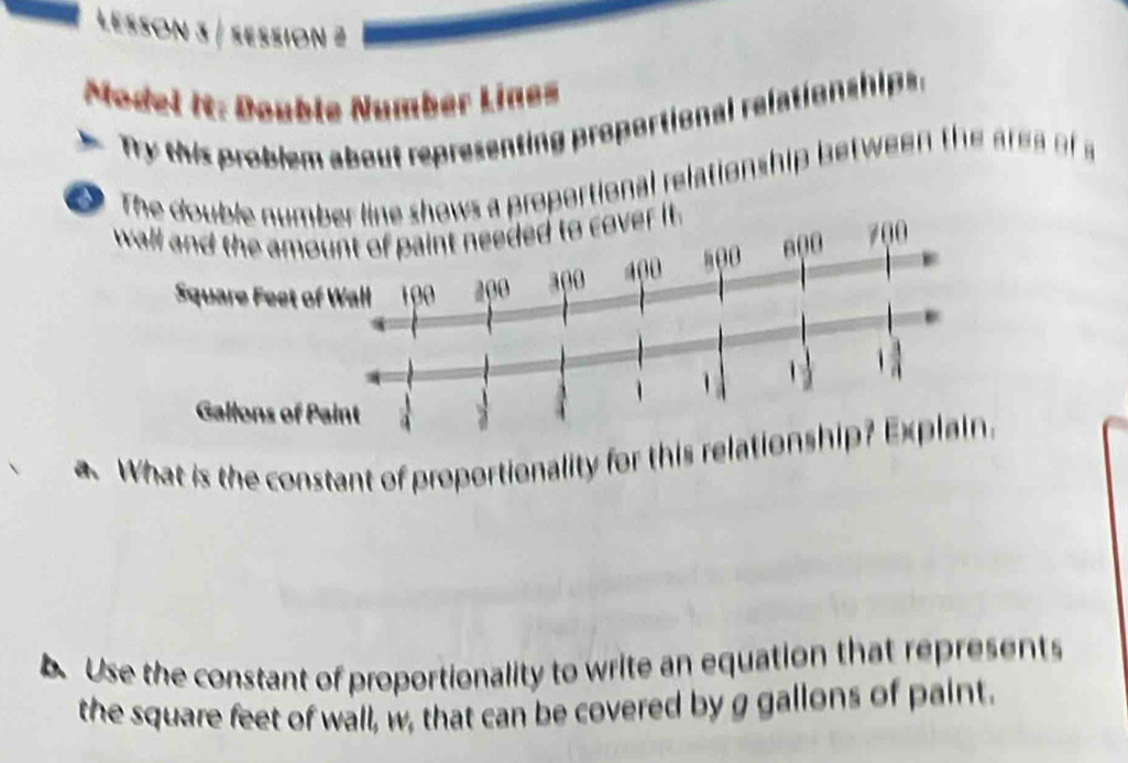 Lesson 3 / session 2 
Model It: Double Number Lines 
Try this problem about representing proportional refationships: 
roportional relationship between the area of a 
What is the constant of proportionality for this rela 
Use the constant of proportionality to write an equation that represents 
the square feet of wall, w, that can be covered by g gallons of paint.