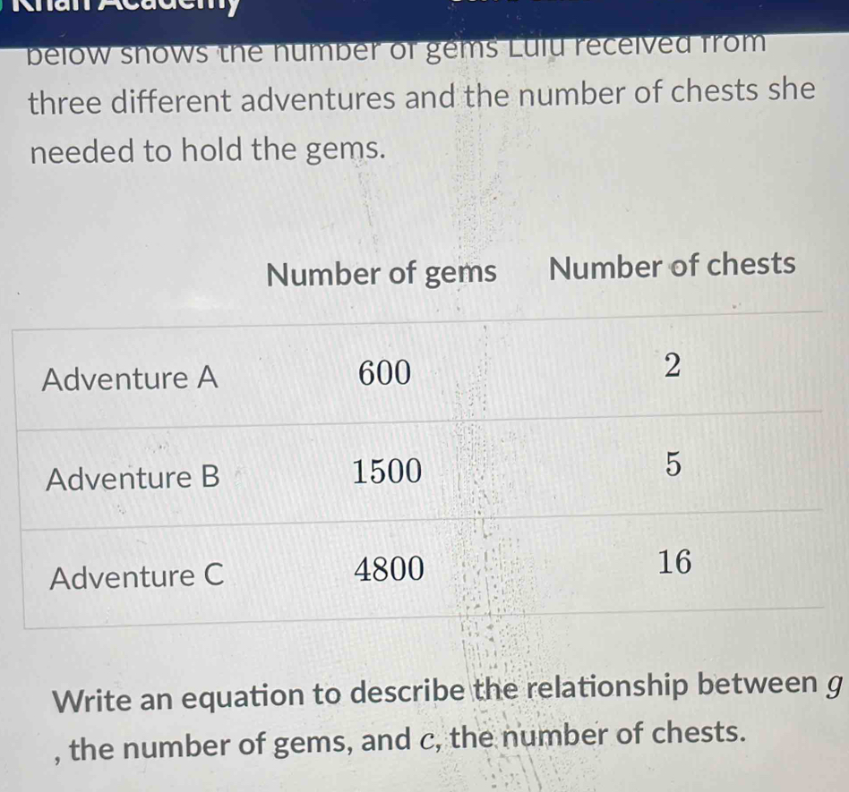 below shows the number of gems Lulu recelved from three different ...