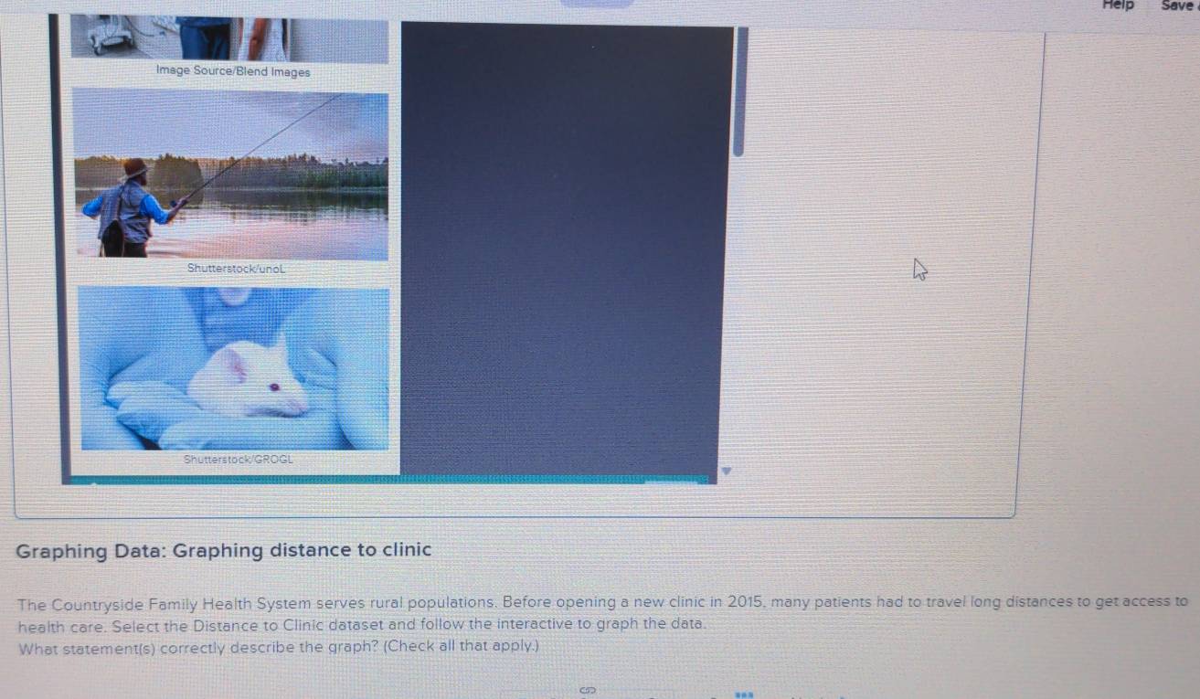 Help Save 
Image Source/Blend Images 
Shutterstock/GROGL 
Graphing Data: Graphing distance to clinic 
The Countryside Family Health System serves rural populations. Before opening a new clinic in 2015, many patients had to travel long distances to get access to 
health care. Select the Distance to Clinic dataset and follow the interactive to graph the data. 
What statement(s) correctly describe the graph? (Check all that apply.) 
ω