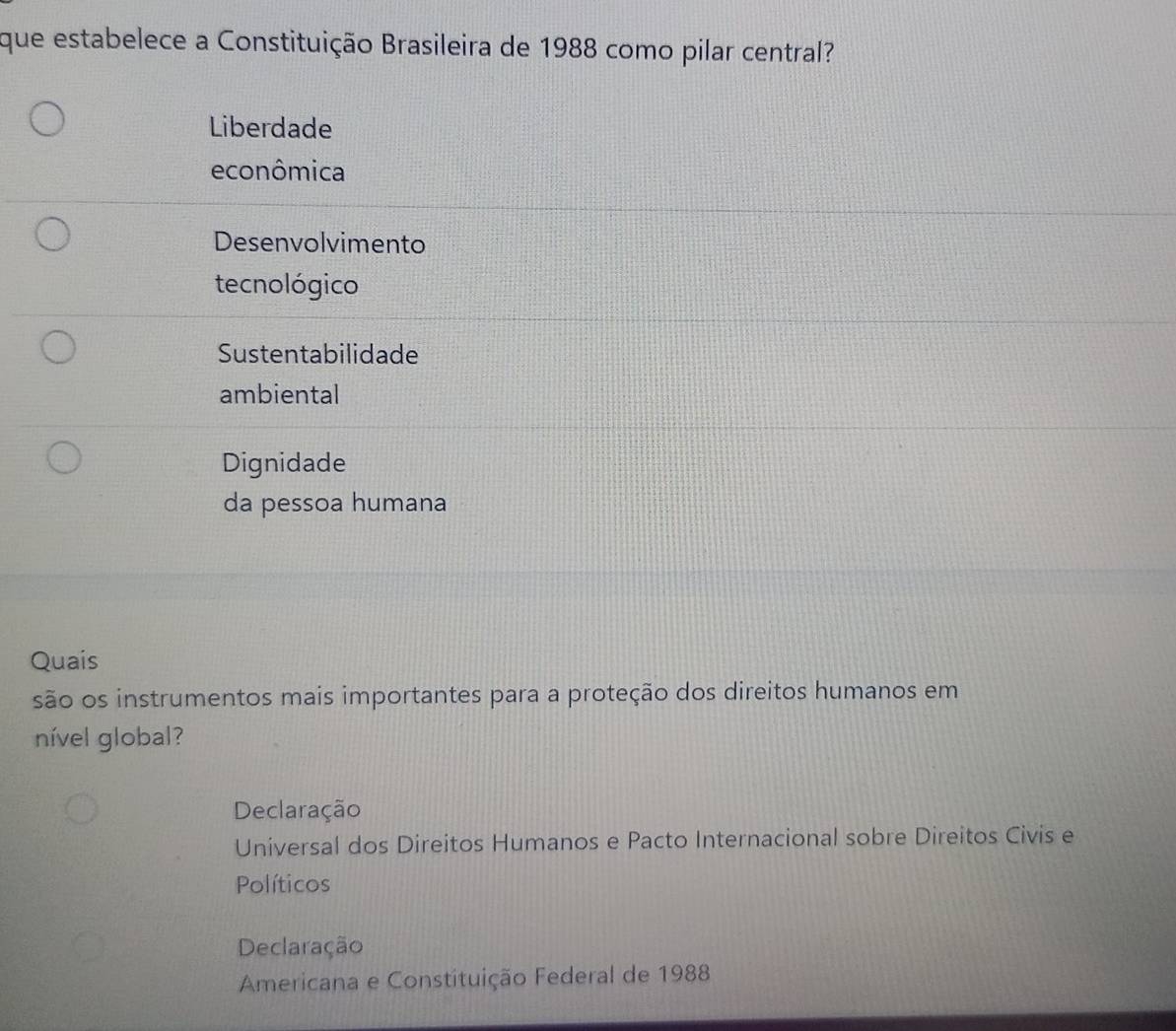 que estabelece a Constituição Brasileira de 1988 como pilar central?
Liberdade
econômica
Desenvolvimento
tecnológico
Sustentabilidade
ambiental
Dignidade
da pessoa humana
Quais
são os instrumentos mais importantes para a proteção dos direitos humanos em
nível global?
Declaração
Universal dos Direitos Humanos e Pacto Internacional sobre Direitos Civis e
Políticos
Declaração
Americana e Constituição Federal de 1988