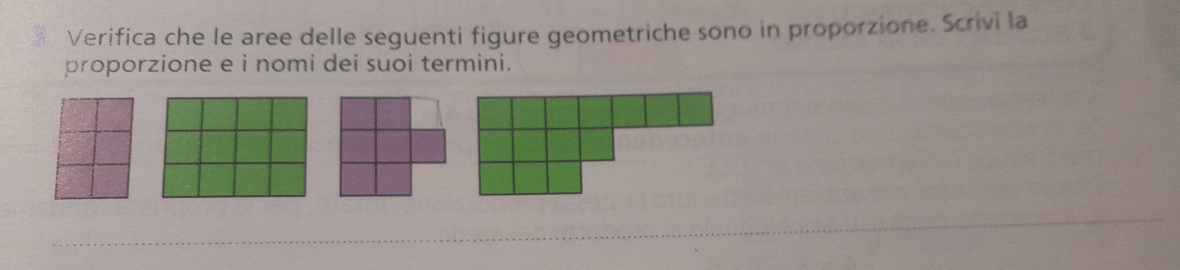 Verifica che le aree delle seguenti figure geometriche sono in proporzione. Scrivi la 
proporzione e i nomi dei suoi termini.