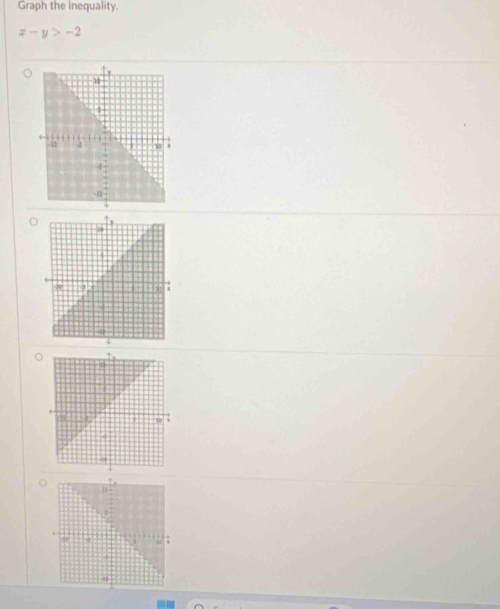 Graph the inequality.
x-y>-2