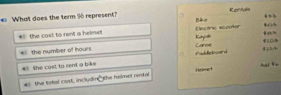 What does the term 96 represent? Bike Rentals
$ 9 h
the cost to rent a helmet Electric scooter $04
Kayak
$B
20
the number of hours Canoe
Paddicboard
the cost to rent a bike Add fü
Heimet
the total cost, includin the helmet rental