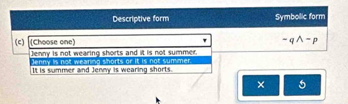 Descriptive form Symbolic form
(c) (Choose one) sim qwedge -p
Jenny is not wearing shorts and it is not summer.
Jenny is not wearing shorts or it is not summer.
It is summer and Jenny is wearing shorts.
× 5