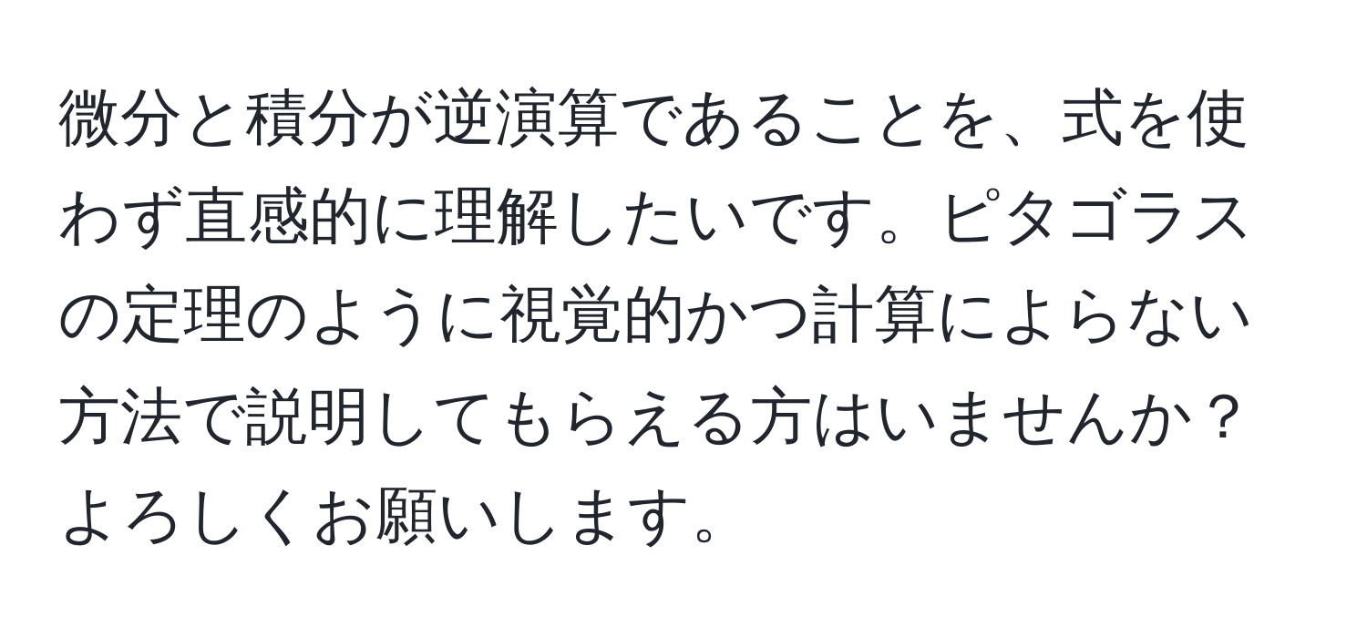 微分と積分が逆演算であることを、式を使わず直感的に理解したいです。ピタゴラスの定理のように視覚的かつ計算によらない方法で説明してもらえる方はいませんか？よろしくお願いします。