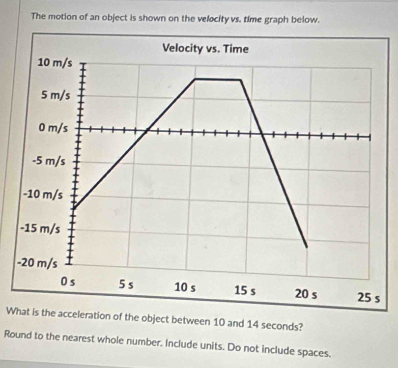 The motion of an object is shown on the velocity vs. time graph below. 
What is the acceleration of the object between 10 and 14 seconds? 
Round to the nearest whole number. Include units. Do not include spaces.