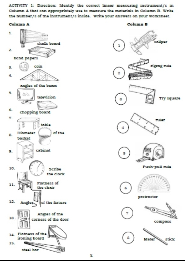 ACTIVITY 1: Direction: Identify the correct linear measuring instrument/s in 
Column A that can appropriately use to measure the materials in Column B. Write 
the number/s of the instrument/s inside. Write your answers on your worksheet. 
Column A Column B 
1. 
chalk board 
1 
2. 
bond papers 
3. coin zigzag rule 
2 
4. 
angles of the beam 
3. 
television Try square 
3 
6. chopping board 
7. 
table 
4 
8. Diameter of the 
basket 
9. cabinet 
5 
10. Scribe Push-pull rule 
the clock 
11. Flatness of 
the chair 6 
12. Angles of the fixture 
Angles of the 
7 
13 . corners of the door compass 
14. Flatness of the 
ironing board Meter stick 
15. 
steel bar 
x