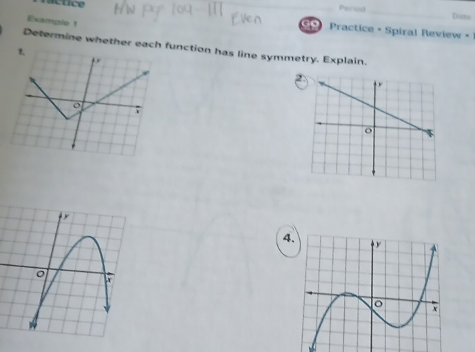 Period Date 
Example 1 
actice _ Practice + Spiral Review + 1 
go 
Determine whether each function has line symmetry. Explain. 
2 
o 
r 
4