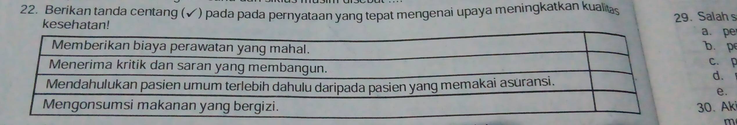 Berikan tanda centang (✓) pada pada pernyataan yang tepat mengenai upaya meningkatkan kualitas
kesehatan! 29. Salah s
pe
. p. p
d.
e.
Aki
m