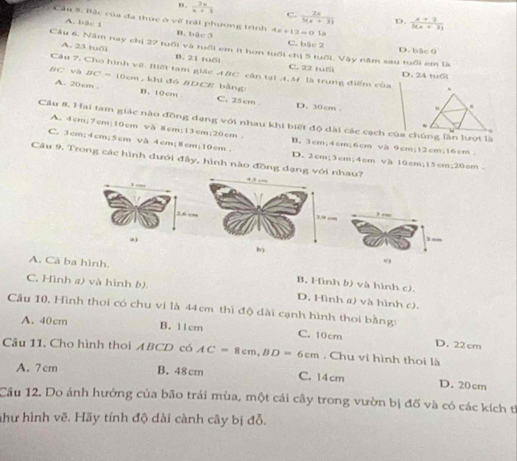 B.  2x/x+3   2x/5(x+3) 
C.
Cầu 5. Bậc của đa thức ở vỡ trải phương trình 4x+12=0.1a
D.  (x+2)/5(x+3) 
A. bậc 1 B. bậc 3 C. bậc 2
Câu 6. Năm nay chị 27 tuổi và tuổi em ít hơn tuổi chị 5 tuổi. Vậy năm sau tuổi em là
D. b B⊂ C

A. 23 tuổi B. 21 tuổi C. 22 tuổi
Câu 7, Cho hình về. Biết tam giác ABC cân tại A.M là trung điểm của
D. 24 tuổi
BC và BC=10cm , khi đó BDCE bằng
A. 20cm . B. 10cm . C. 25 cm . D. 30cm .
Cầu 8. Hai tam giác nào đồng dạng với nhau khi biết độ dài các cạch của chúng lần lượt là
A. 4cm;7cm;10cm và 8cm;13cm;20cm. B. 3cm;4cm;6cm và 9cm;12cm;16cm .
C. 3cm;4cm;5cm vå 4cm;8cm;10cm. D. 2cm;3cm;4cm và 10cm;15cm;20cm .
Câu 9, Trong các hình dưới đây, hình nào đồng dạng với au?
) “ 
2 cm
A. Cả ba hình. B. Hình b) và hình c).
C. Hình a) và hình b). D. Hình a) và hình c).
Câu 10, Hình thoi có chu vi là 44cm thì độ dài cạnh hình thoi bằng:
A. 40cm B. 11cm C. 10cm D. 22cm
Câu 11. Cho hình thoi ABCD có AC=8cm,BD=6cm. Chu vi hình thoi là
A. 7 cm B. 48cm C. 14 cm D. 20cm
Câu 12. Do ảnh hưởng của bão trái mùa, một cái cây trong vườn bị đố và có các kích tỉ
như hình vẽ. Hãy tính độ dài cành cây bị đỗ.