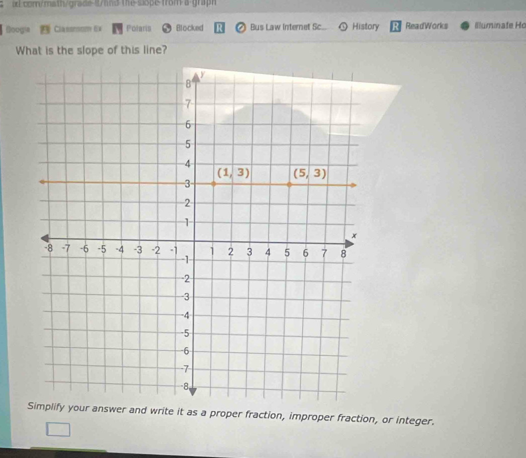 the-slope-from a graph
Doogía Cia nomome 6x Polaris Blocked  Bus Law Internet Sc. History    ReadWorks Illuminate Ho
What is the slope of this line?
Simplify your answer and write it as a proper fraction, improper fraction, or integer.