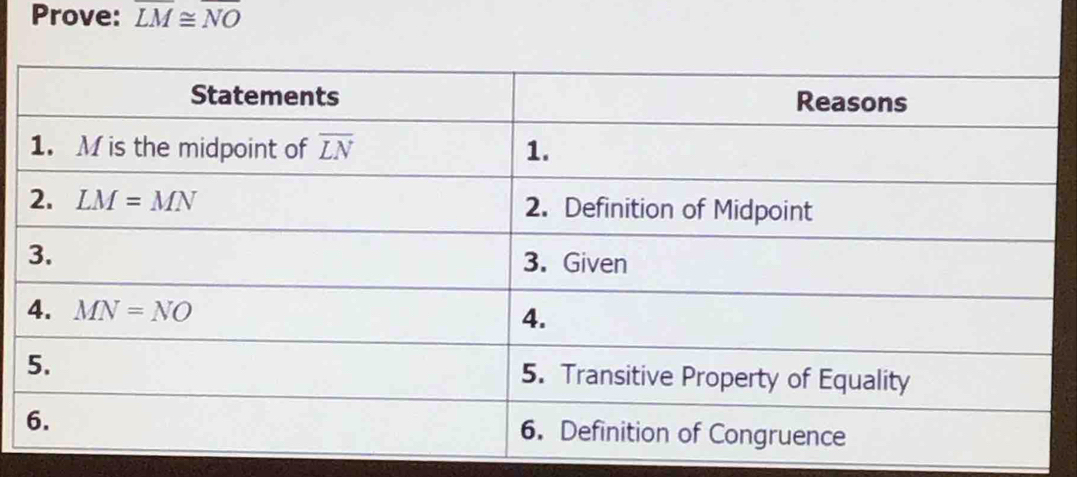 Prove: overline LM≌ overline NO