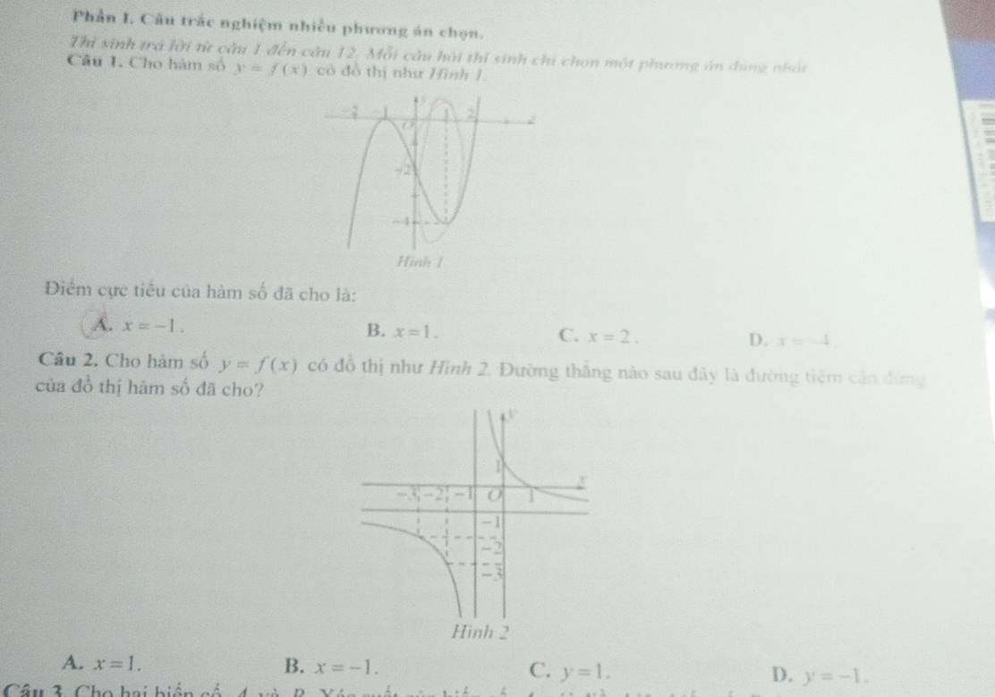 Phần I. Câu trắc nghiệm nhiều phương án chọn.
Thi sinh trá lời từ câu 1 đến câu 12, Mỗi câu hội thí sinh chi chọn một phương án đụng nhật
Câu 1. Cho hàm số y=f(x) cò đồ thị như Hình 1
Điểm cực tiểu của hàm số đã cho là:
A. x=-1. B. x=1. C. x=2. D. x=-4
Câu 2. Cho hàm số y=f(x) có đồ thị như Hình 2. Đường thắng nào sau đây là đường tiêm cận đừng
của đồ thị hàm số đã cho?
A. x=1. B. x=-1. C. y=1. D. y=-1.
Cầu 3. Cho hai biến có 4 và B 3