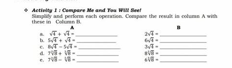 Activity 1 : Compare Me and You Will See! 
Simplify and perform each operation. Compare the result in column A with 
these in Column B. 
A 
B 
a. sqrt(4)+sqrt(4)= _ 2sqrt(4)= _ 
b. 5sqrt(4)+sqrt(4)= _ 6sqrt(4)= _ 
c. 8sqrt(4)-5sqrt(4)= _ 3sqrt(4)= _ 
d. 7sqrt[3](8)+sqrt[3](8)= _ 8sqrt[3](8)= _ 
e. 7sqrt[3](8)-sqrt[3](8)= _ 6sqrt[3](8)= _