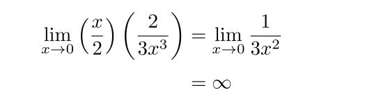 limlimits _xto 0( x/2 )( 2/3x^3 )=limlimits _xto 0 1/3x^2 
=∈fty