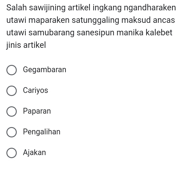 Salah sawijining artikel ingkang ngandharaken
utawi maparaken satunggaling maksud ancas
utawi samubarang sanesipun manika kalebet
jinis artikel
Gegambaran
Cariyos
Paparan
Pengalihan
Ajakan