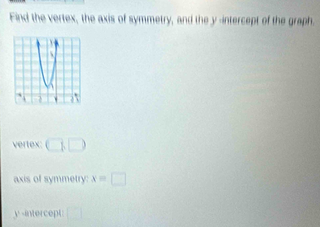 Find the vertex, the axis of symmetry, and the y -intercept of the graph.
vertex: (□ ,□ )
axis of symmetry: xequiv □
y