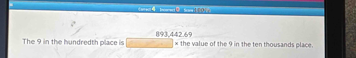 Incorrect ① Score 1,00 %
893,442.69
The 9 in the hundredth place is × the value of the 9 in the ten thousands place.