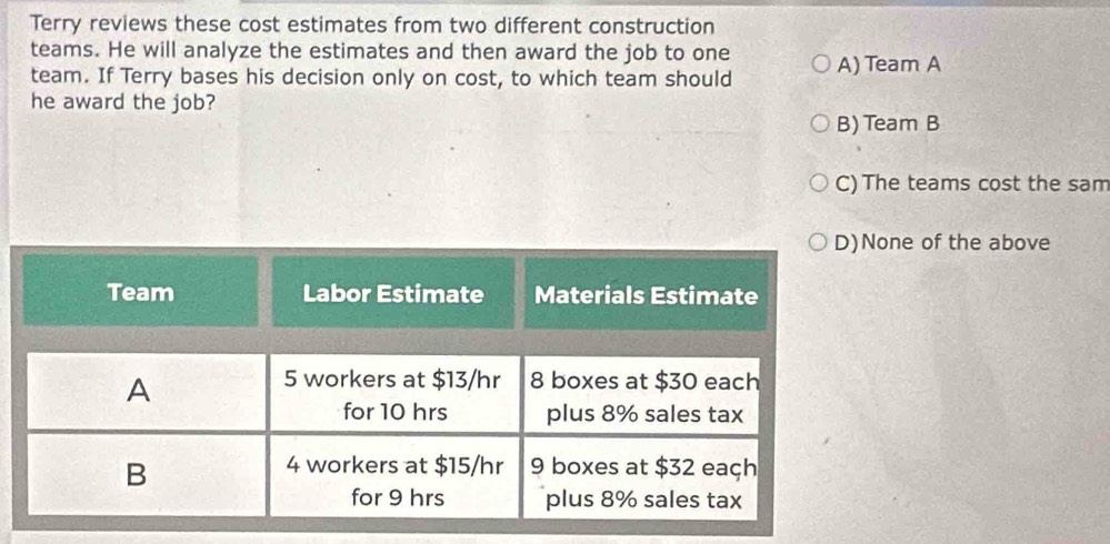 Terry reviews these cost estimates from two different construction
teams. He will analyze the estimates and then award the job to one A) Team A
team. If Terry bases his decision only on cost, to which team should
he award the job?
B) Team B
C) The teams cost the sam
D)None of the above
Team Labor Estimate Materials Estimate
A
5 workers at $13/hr 8 boxes at $30 each
for 10 hrs plus 8% sales tax
B
4 workers at $15/hr 9 boxes at $32 eaçh
for 9 hrs plus 8% sales tax