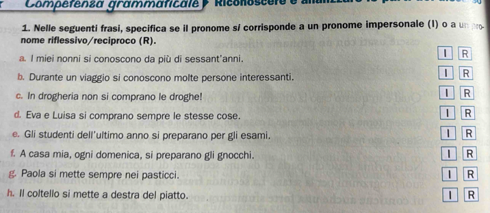 Competenza grammaficale y Riconoscete e allul 
1. Nelle seguenti frasi, specifica se il pronome si corrisponde a un pronome impersonale (I) o a un pro 
nome riflessivo/reciproco (R). 
a. I miei nonni si conoscono da più di sessant'anni. 
| R 
b. Durante un viaggio si conoscono molte persone interessanti. 
| R 
c. In drogheria non si comprano le droghe! 
| R 
d. Eva e Luisa si comprano sempre le stesse cose. 
R 
e. Gli studenti dell'ultimo anno si preparano per gli esami. 
| R 
f. A casa mia, ogni domenica, si preparano gli gnocchi. I R 
g. Paola si mette sempre nei pasticci. | R 
h. Il coltello si mette a destra del piatto. | R