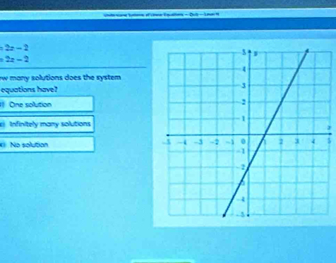 Utte na Sytion ef ce Equaliens - Out - Lma H
=2x-2
=2x-2
w many solutions does the system .
equations have?
One solution
Infinitely many solutions
* No solution
5