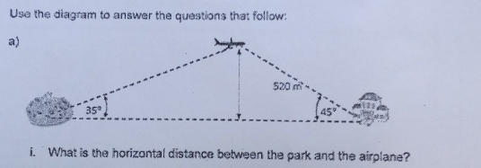 Use the diagram to answer the questions that follow:
i.  What is the horizontal distance between the park and the airplane?