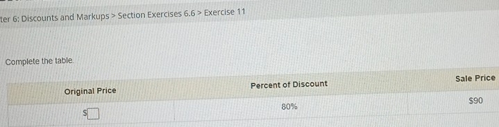 ter 6: Discounts and Markups > Section Exercises 6.6> Exercise 11 
Complete the table. 
Original Price Percent of Discount Sale Price
80% $90