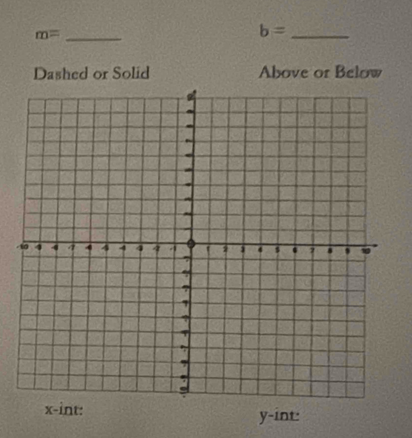 m= _ 
_ b=
Dashed or Solid Above or Below
x -int:
y -int: