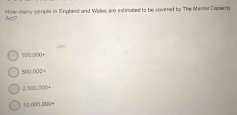 How many people in England and Wales are estimated to be covered by The Mental Capacity
Act?
100,000+
500,000+
2,000,000+
10,000,000+