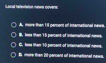 Local television news covers:
A. more than 15 percent of international news.
B. less than 15 percent of international news.
C. less than 10 percent of international news.
D. more than 20 percent of international news.