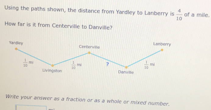 Using the paths shown, the distance from Yardley to Lanberry is  4/10  of a mile. 
How far is it from Centerville to Danville? 
Yardley Centerville 
Lanberry
 1/10 mi
 1/10 mi ?
 1/10 mi
Livingston Danville 
Write your answer as a fraction or as a whole or mixed number.