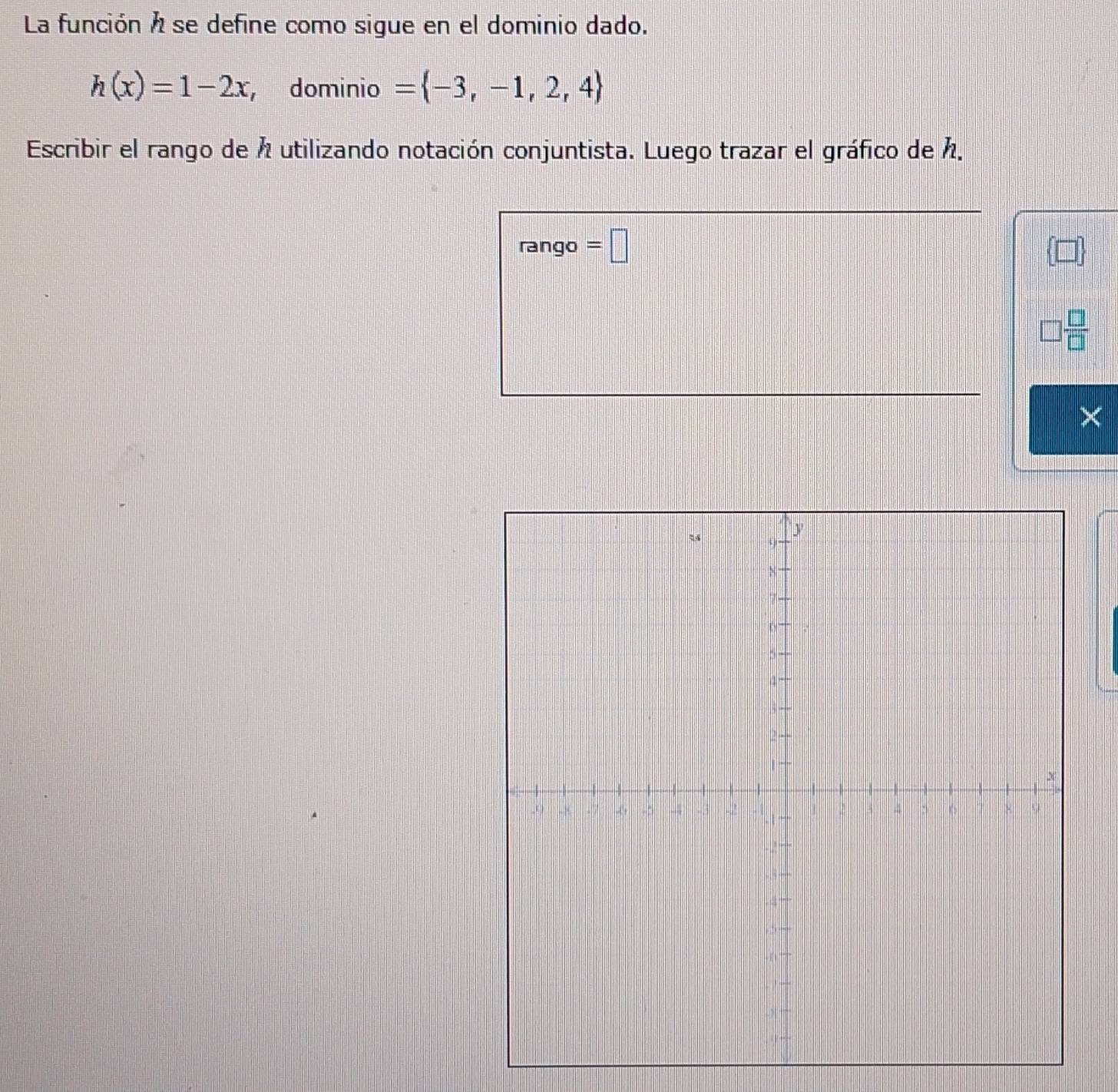 La función A se define como sigue en el dominio dado.
h(x)=1-2x , dominio = -3,-1,2,4
Escribir el rango de h utilizando notación conjuntista. Luego trazar el gráfico de . 
rango =□
□  □ /□  
×