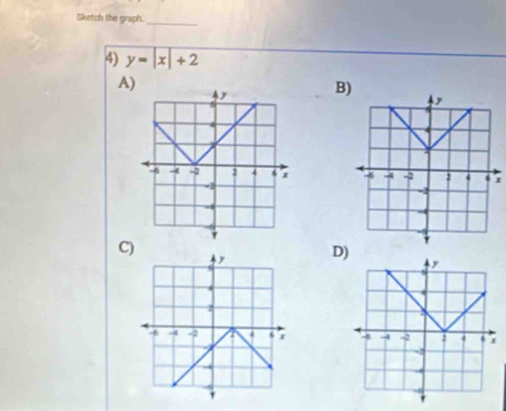 Sketch the graph._ 
4) y=|x|+2
A) 
B) 
r 
C) 
D)